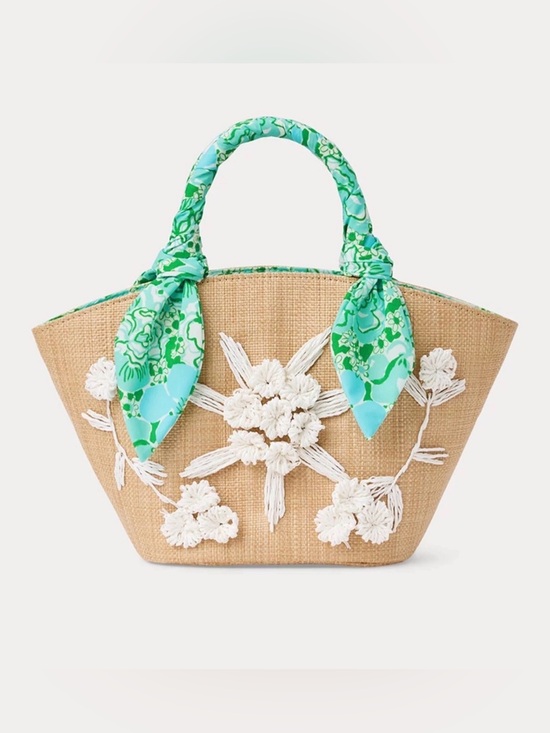 Lilly Pulitzer Handbags - Lilly Pulitzer Natural Straw Mini Tote Bag with Green Floral Scarf Bursts of Joy